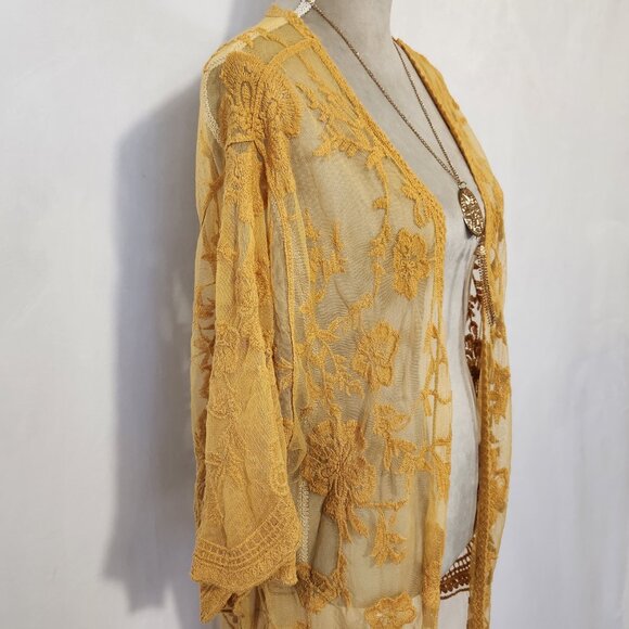 Windsor Women's Size M Floral Embroidered Sheer Lace Kimono Duster Cardigan - Picture 6 of 14